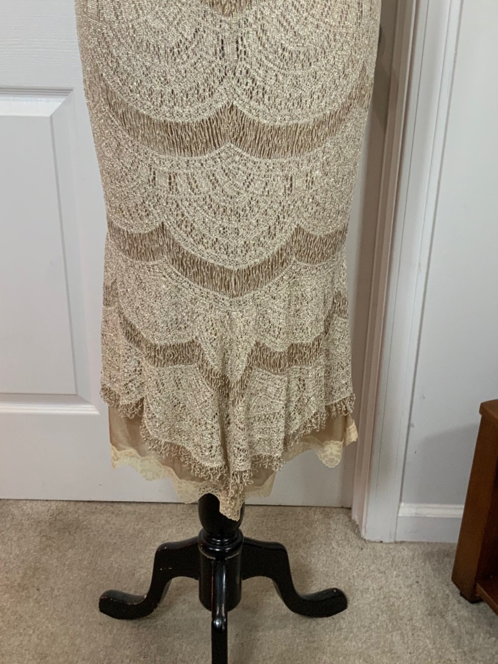 Lillie Rubin Champagne Gold Embroidered Lace Midi Dress Art Deco Glam Medium - Picture 8 of 11